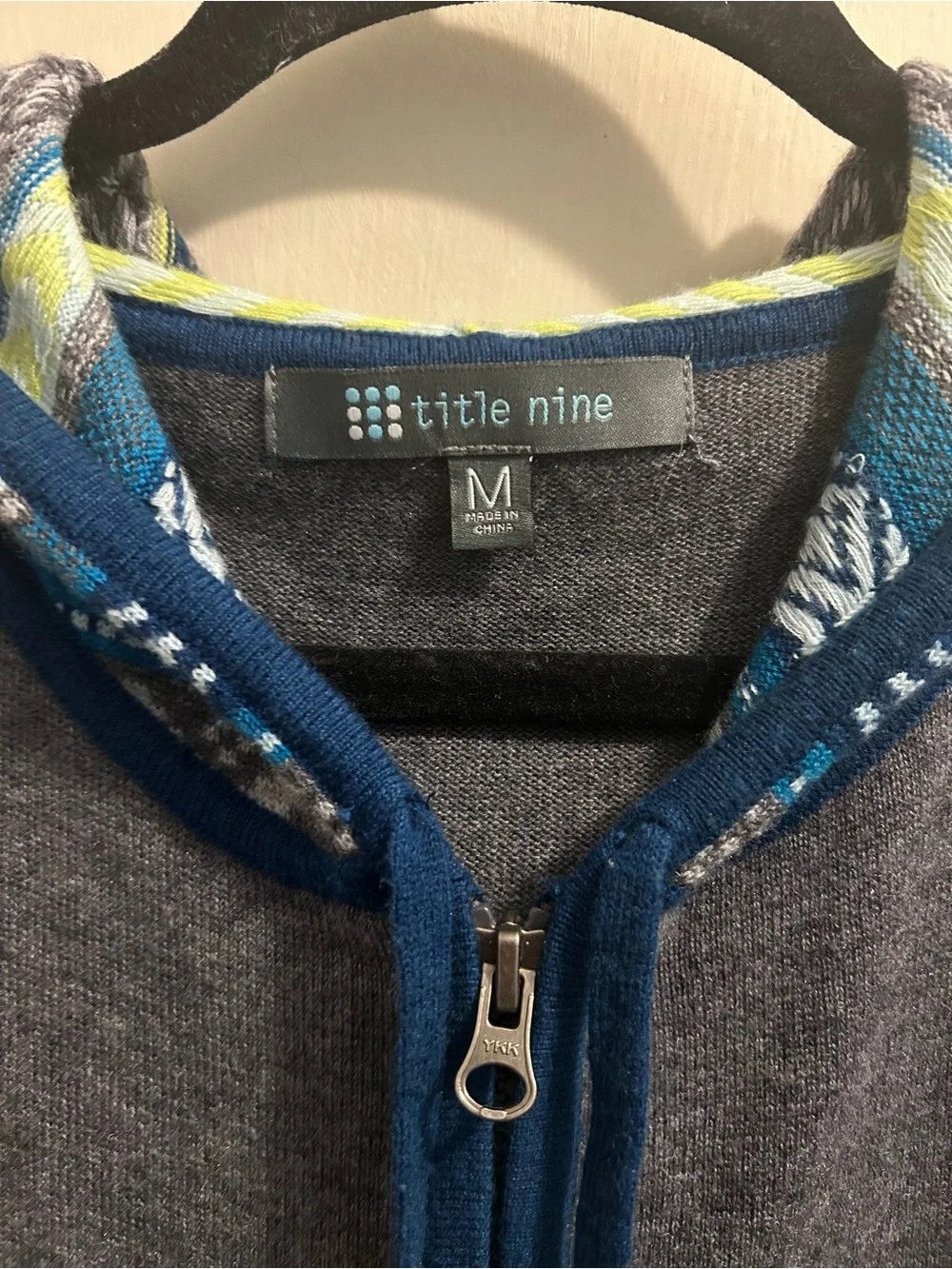 Title Nine Gray Hooded Zip Cardigan Long Line Wool Aztec Pattern Sleeves M